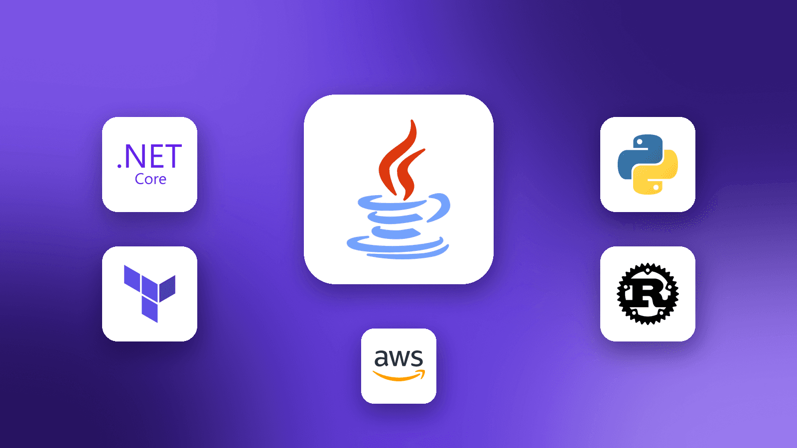 Java, .NET, Python, Rust, Terraform and AWS logos on a coloured gradient